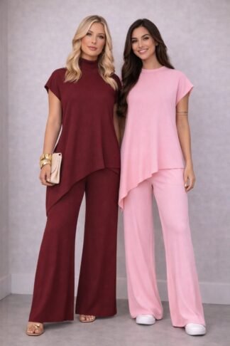 2388 Conjunto Luz blusa max assimétrica manga curta e calça pantalona