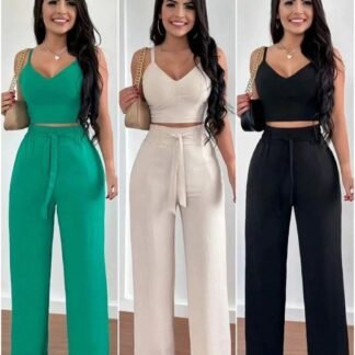 2121 Conjunto Ley cropped regata e calça pantalona cinto faixa