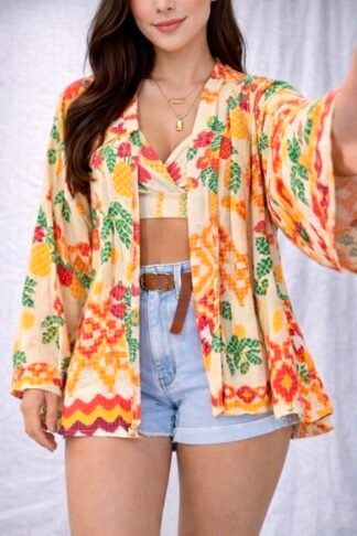 2660 Conjunto Eveli kimono manga longa flarê e cropped estilo Farm