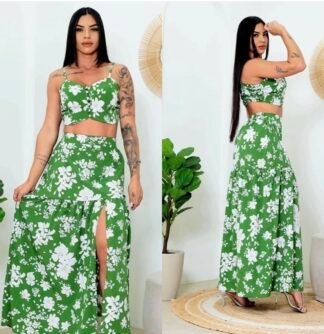 2084 Conjunto Julian Cropped alça fina botão pérola e saia longa fenda 3marias