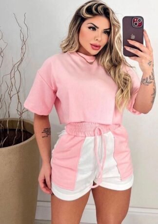 2731 Conjunto JJ cropped manga curta e shorts bicolor moletom