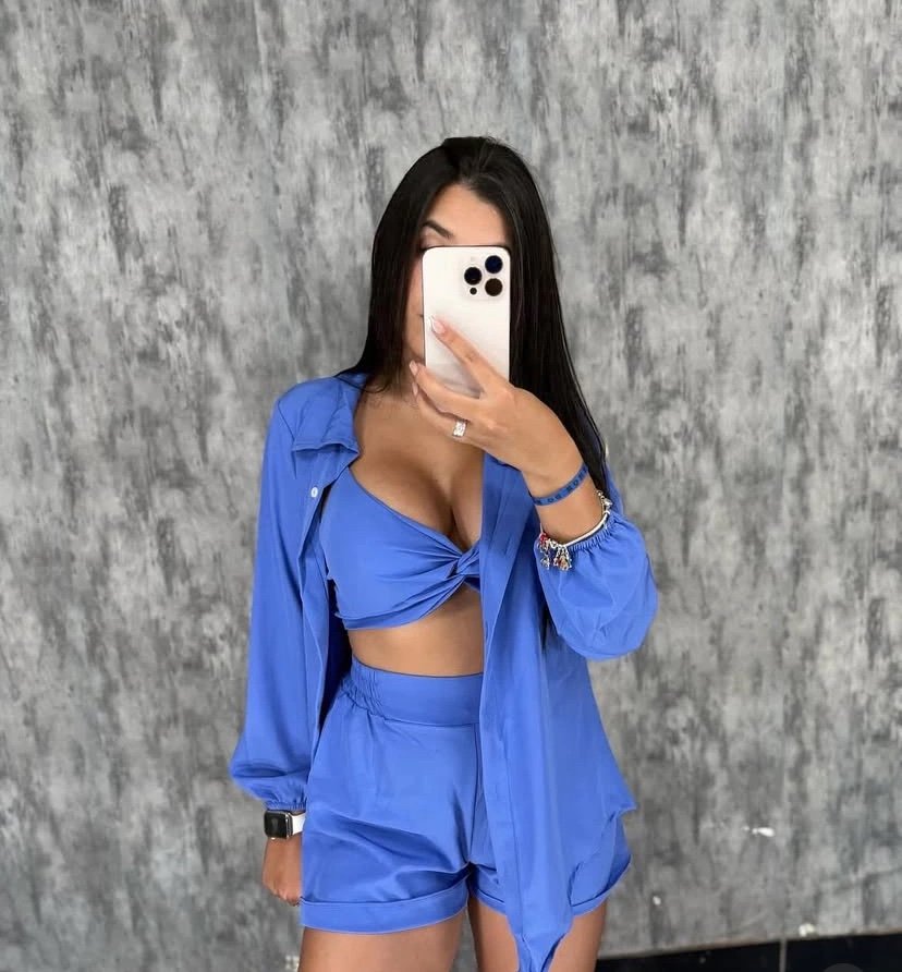 2182 Conjunto Jiovana 3 peças camisa cropped nó e shorts - Imagem 2