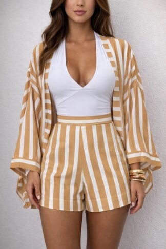 2360 Conjunto Eveli kimono max flarê e shorts listra