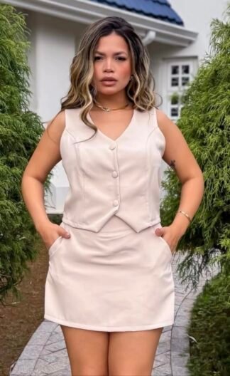 2351 Conjunto Edith colete botão encapado e shorts saia alfaiataria