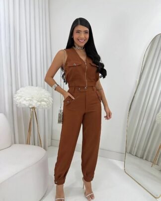 2867 Conjunto Diva cropped regata ziper e calça jogger botão alfaiataria