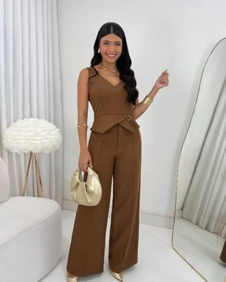 2865 Conjunto Diva blusa regata assimétrica fivela e calça pantalona alfaiataria