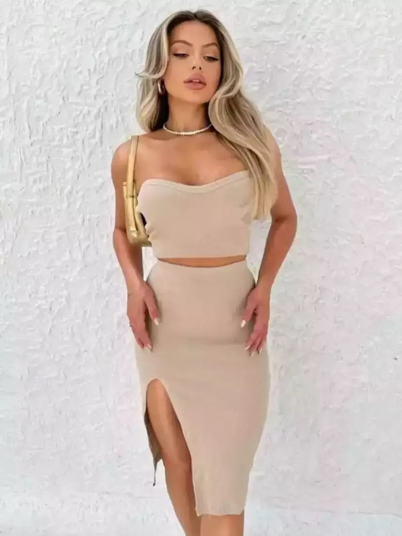 2001 Conjunto cropped tomara que caia e saia midi fenda - Imagem 2