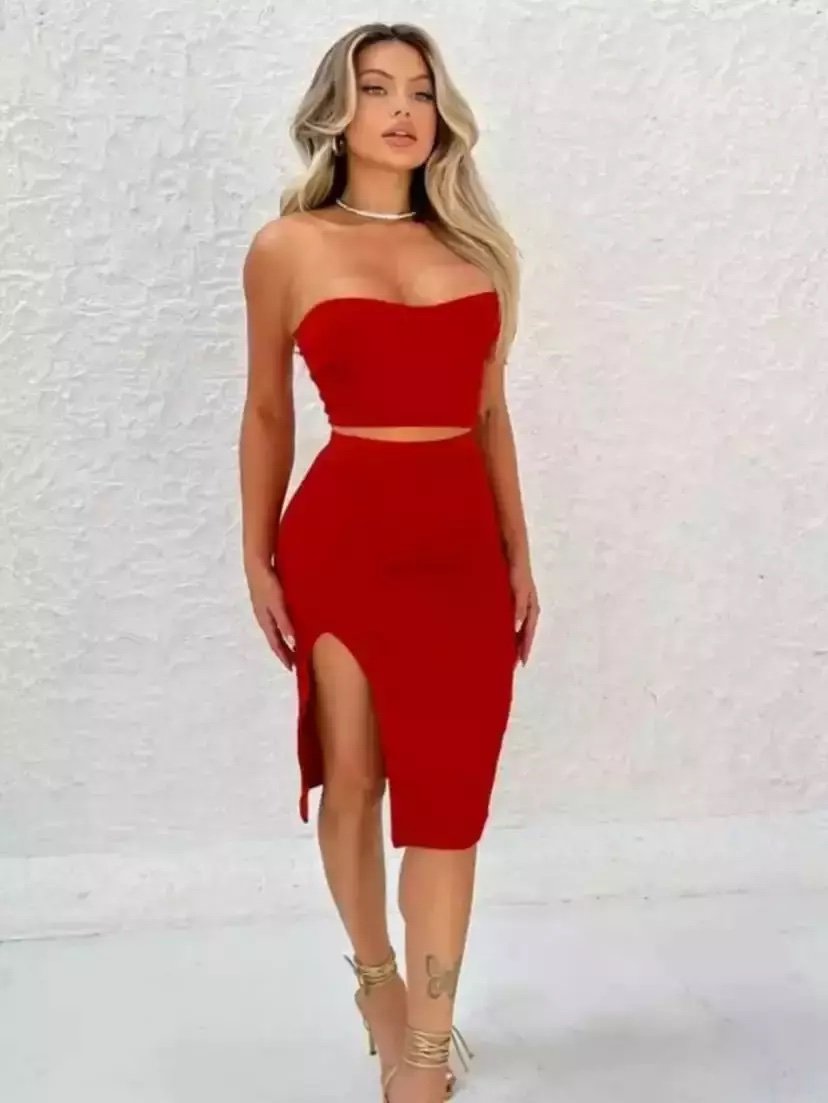 2001 Conjunto cropped tomara que caia e saia midi fenda - Imagem 4
