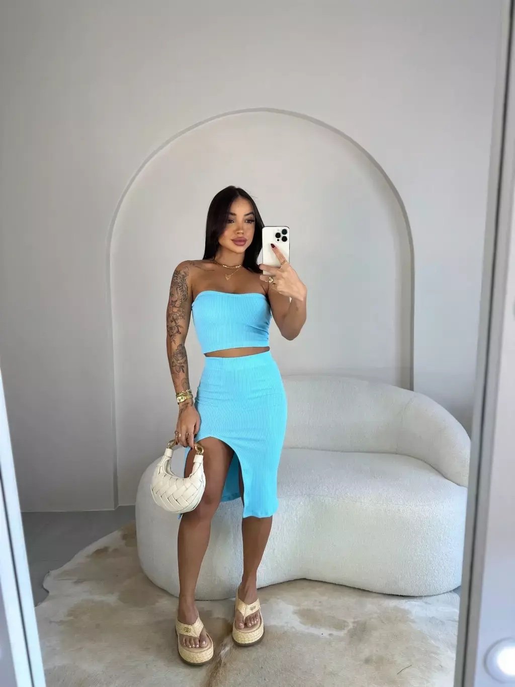 2001 Conjunto cropped tomara que caia e saia midi fenda - Imagem 17
