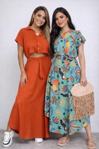 1726 Conjunto Eveli cropped camisa manga curta e saia longa