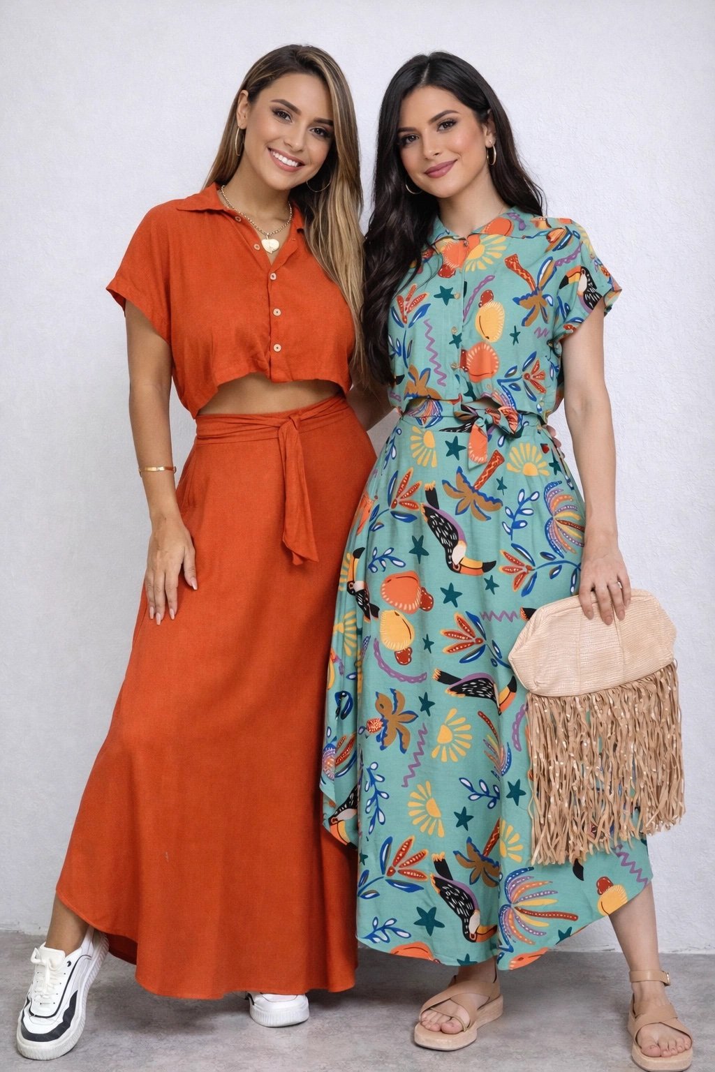 1726 Conjunto Eveli cropped camisa manga curta e saia longa