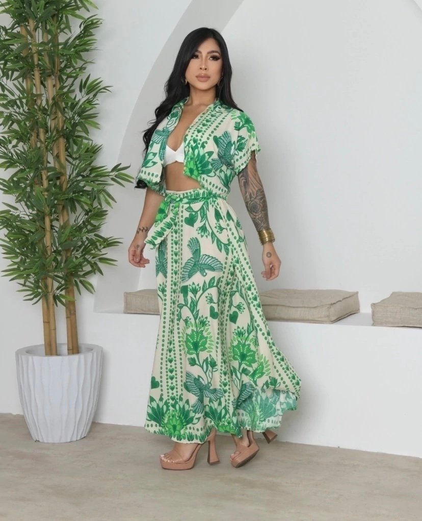 1726 Conjunto Eveli cropped camisa manga curta e saia longa - Imagem 4
