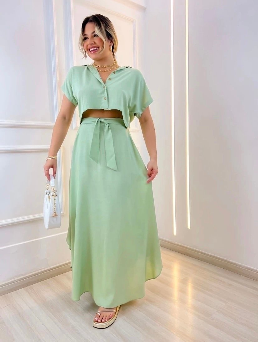 1726 Conjunto Eveli cropped camisa manga curta e saia longa - Imagem 6