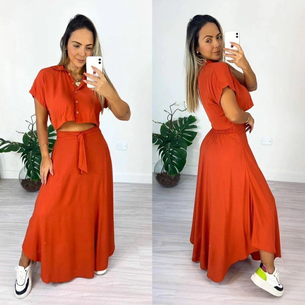 1726 Conjunto Eveli cropped camisa manga curta e saia longa - Imagem 7