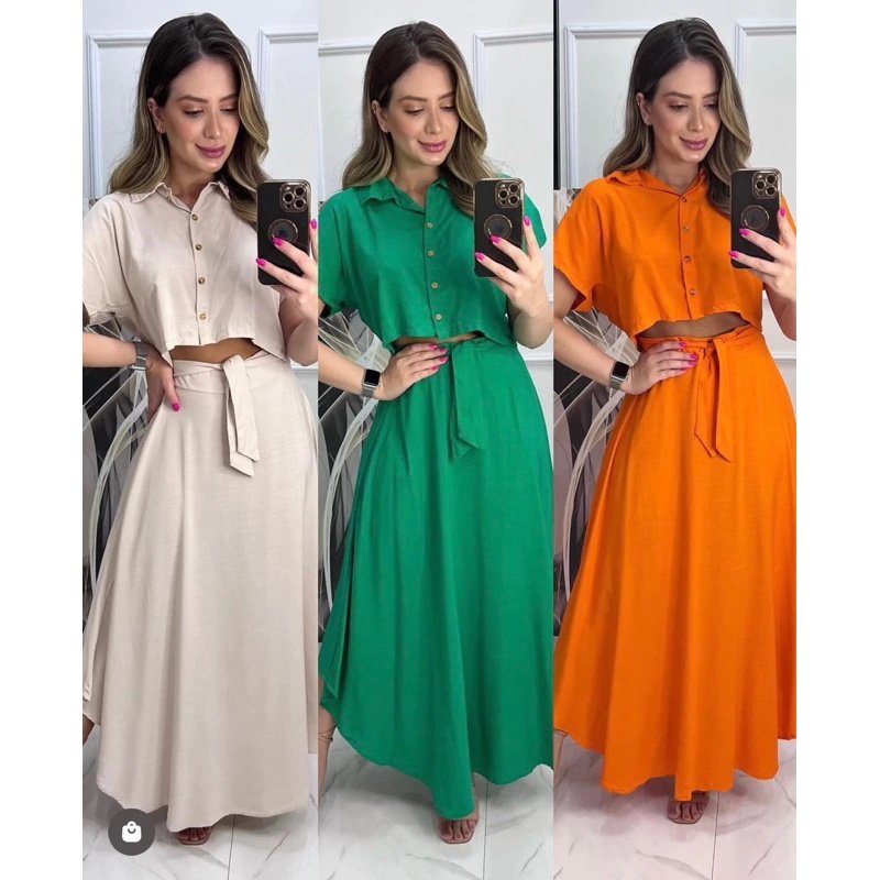 1726 Conjunto Eveli cropped camisa manga curta e saia longa - Imagem 8