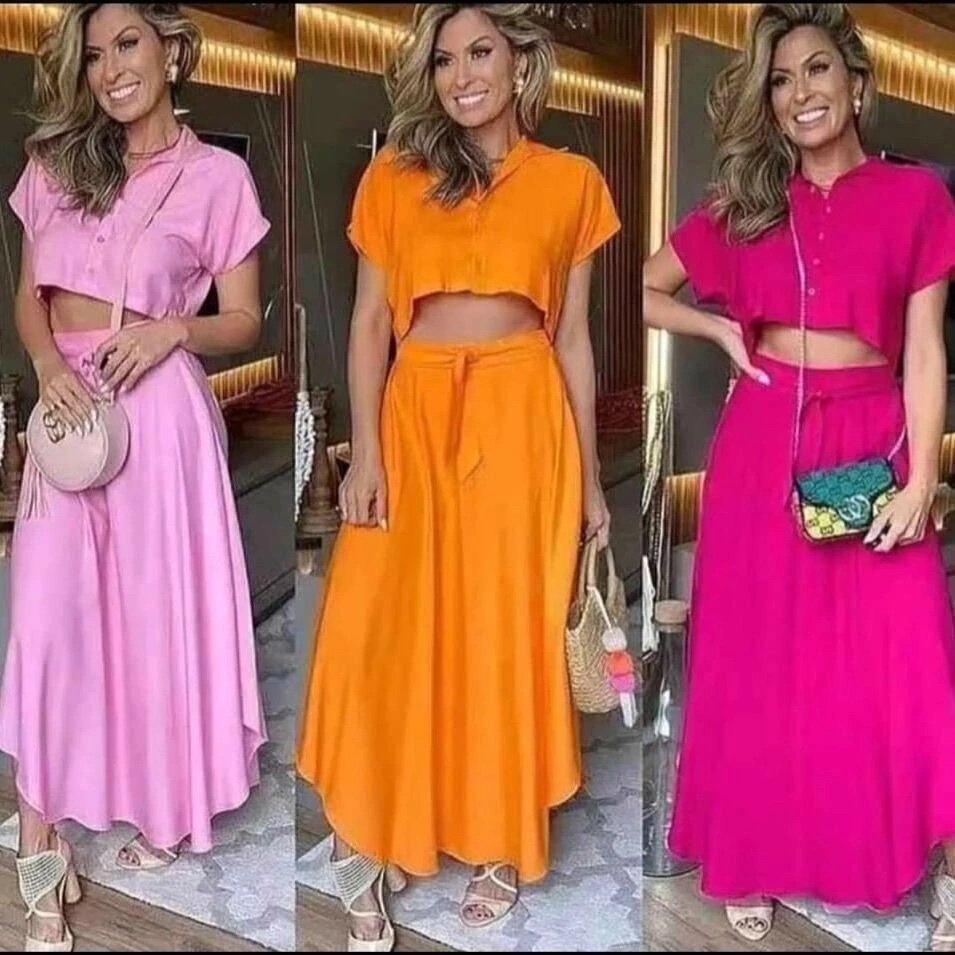 1726 Conjunto Eveli cropped camisa manga curta e saia longa - Imagem 9