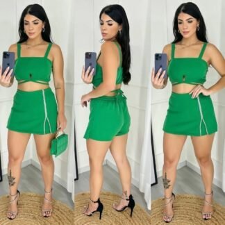 1792 Conjunto cropped alça e shorts saia strass alfaiataria