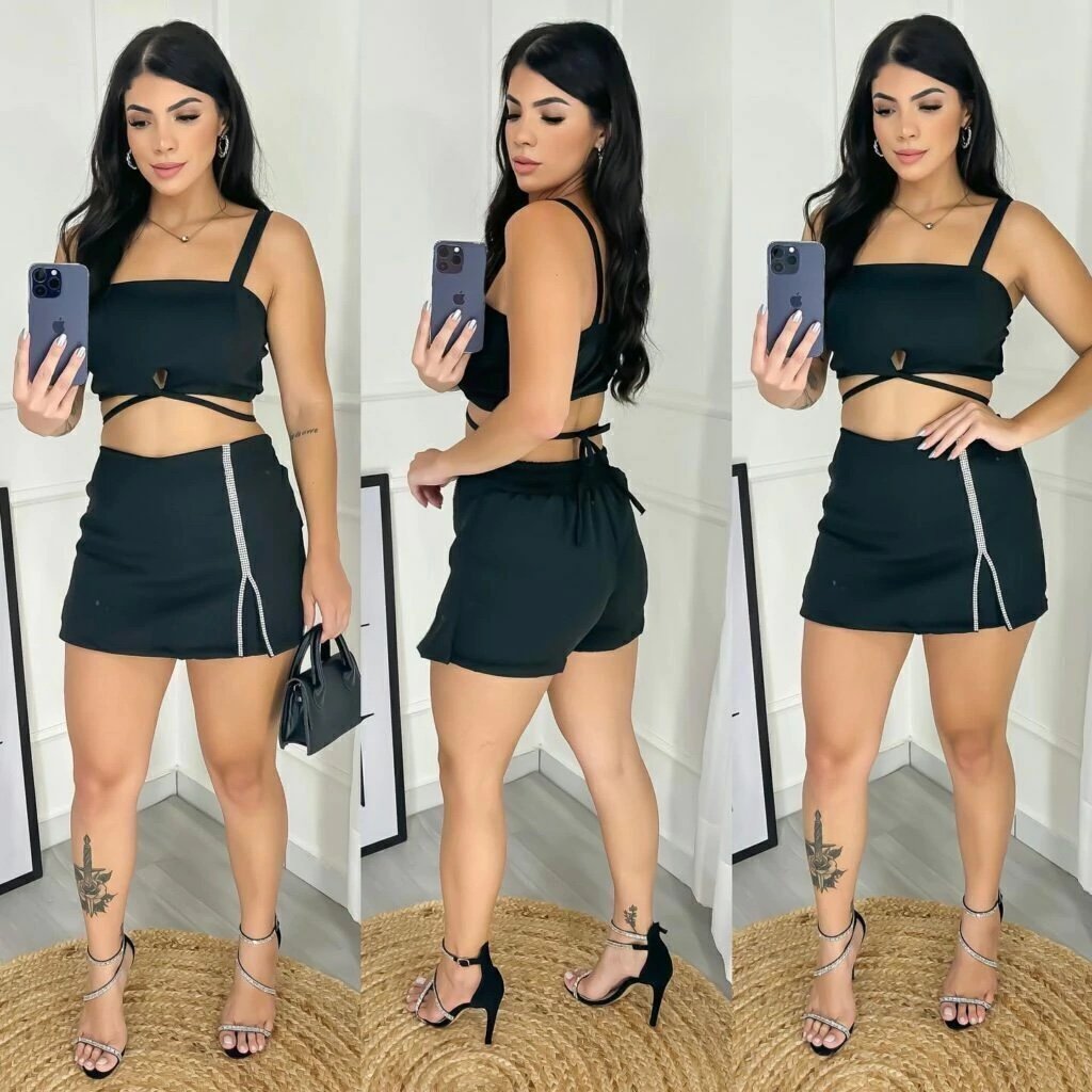 1792 Conjunto cropped alça e shorts saia strass alfaiataria - Imagem 2