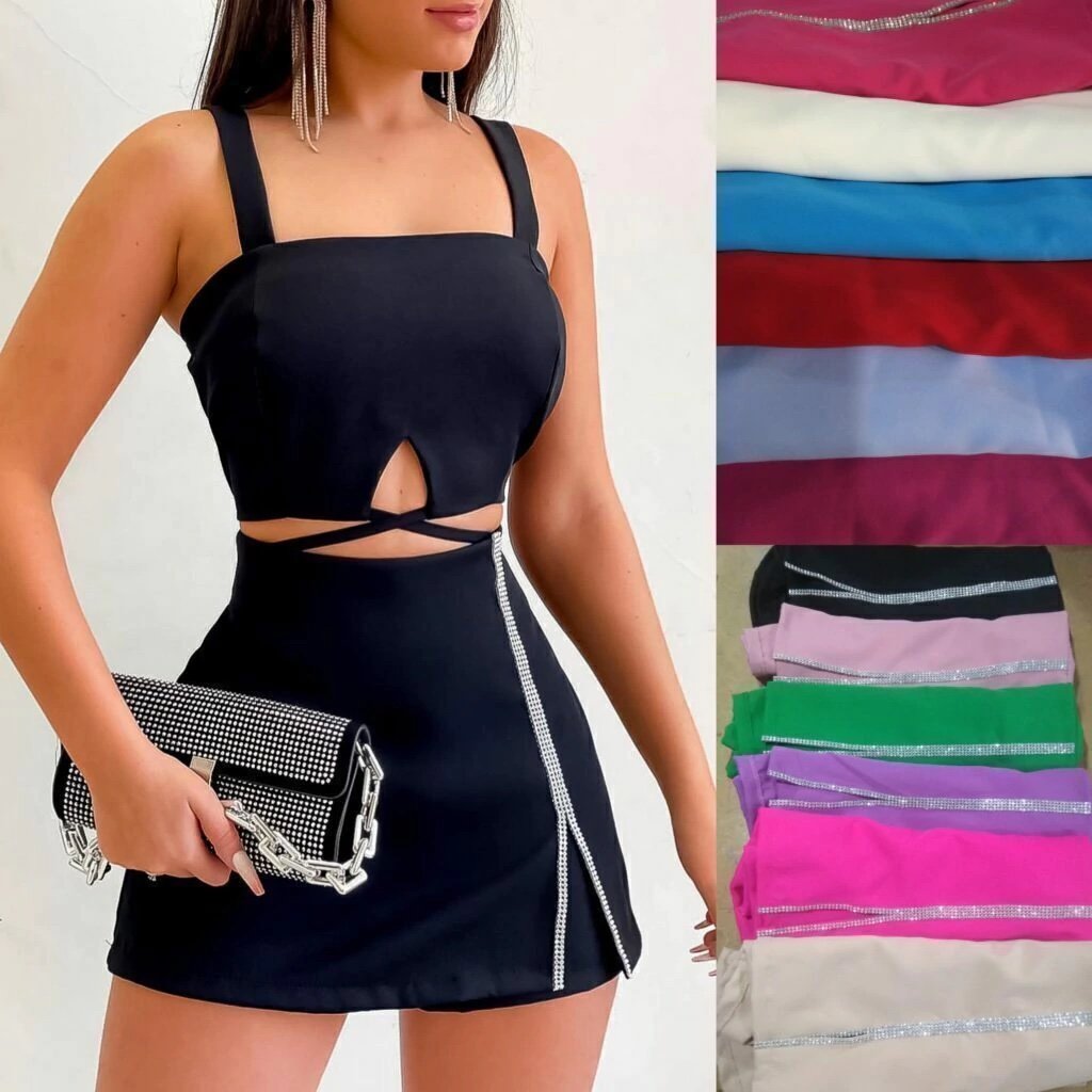 1792 Conjunto cropped alça e shorts saia strass alfaiataria - Imagem 5