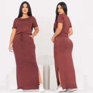 2858 Conjunto Cida blusa t-shirt básica manga curta e saia longa fenda