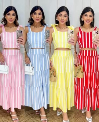 2760 Conjunto Caua cropped alça amarrar e saia midi