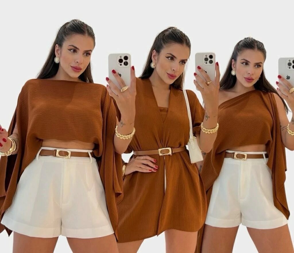 2723 Conjunto Boho blusa capa multi formas e cropped faixa - Imagem 4