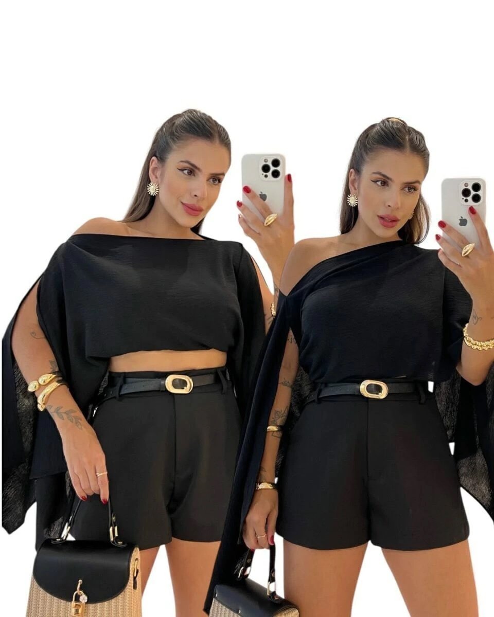 2723 Conjunto Boho blusa capa multi formas e cropped faixa - Imagem 5