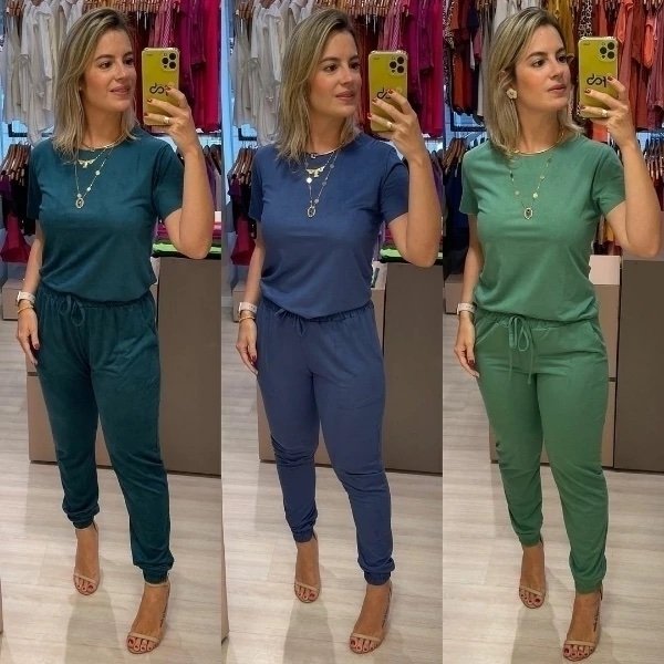 502 Conjunto Jasmin blusa t-shirt manga curta e calça estilo jogger suede - Imagem 3