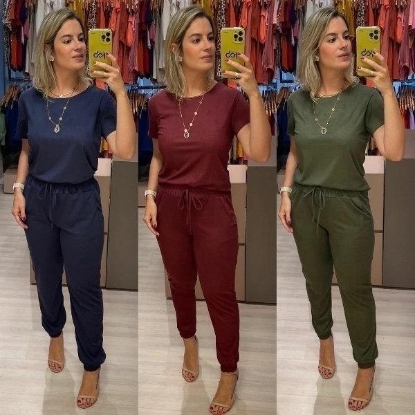 502 Conjunto Jasmin blusa t-shirt manga curta e calça estilo jogger suede - Imagem 5