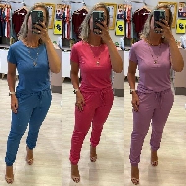 502 Conjunto Jasmin blusa t-shirt manga curta e calça estilo jogger suede - Imagem 7