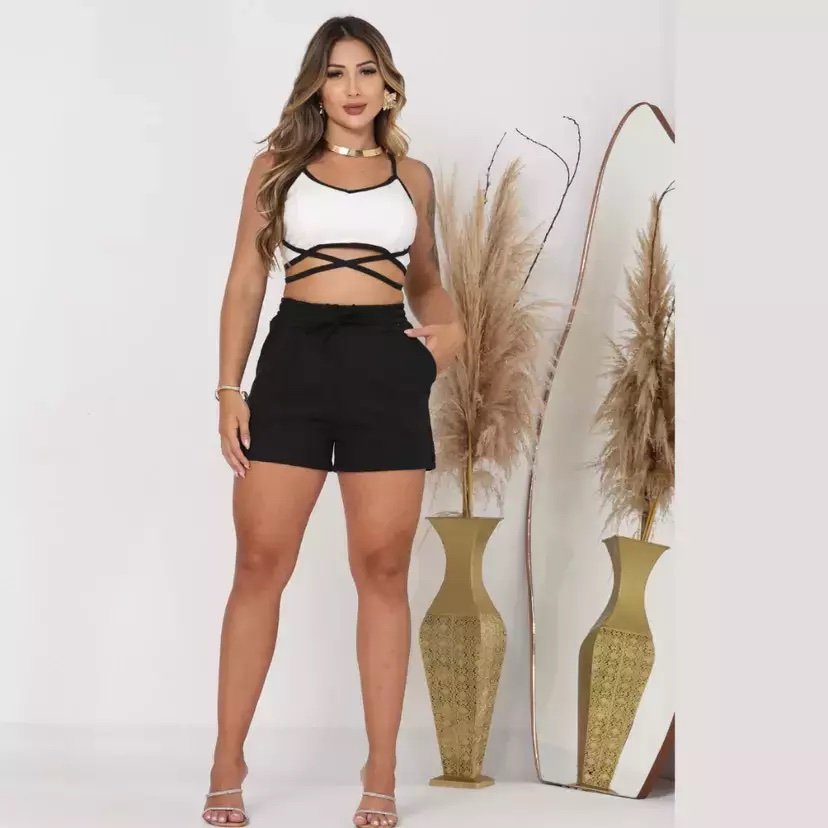 2028 Conjunto cropped amarração e shorts moletom - Imagem 6