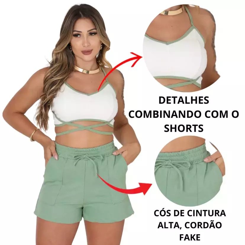 2028 Conjunto cropped amarração e shorts moletom - Imagem 2