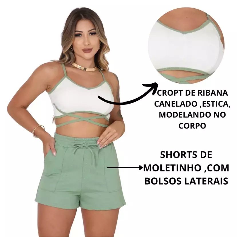 2028 Conjunto cropped amarração e shorts moletom - Imagem 3