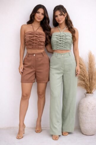 2178 Conjunto Bella cropped regata trabalhado com calça ou shorts alfaiataria