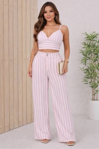 2778 Conjunto Jey cropped alça fina e calça pantalona listrado