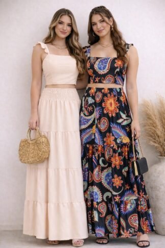 1255 Conjunto Angel cropped regata babado e saia longa cintura alta