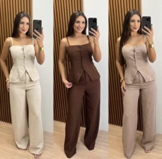 2743 Conjunto Anny blusa regata alça fina alongada botão e calça pantalona alfaiataria