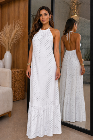 1970 Max vestido longo Joeli longo frente única costa nua poá