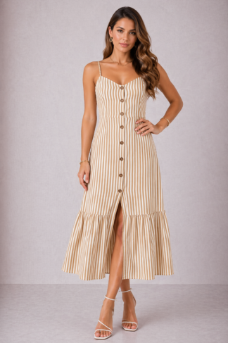 1945 Vestido Botão longo regata alça fina listrado