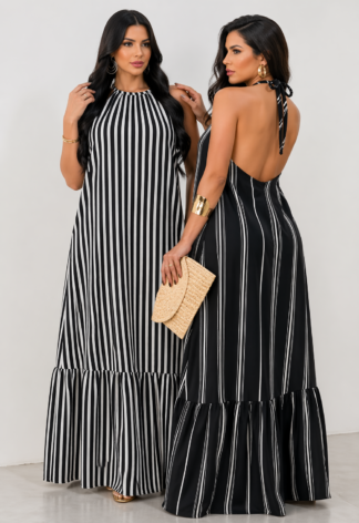 1970 Max vestido longo curto Joeli longo frente única costa nua listrado