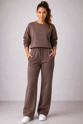2532 Conjunto Ales cropped manga longa e calça pantalona wide leg moletom