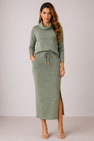 2276 Conjunto Emily blusa gola alta manga 3/4 e saia midi fenda