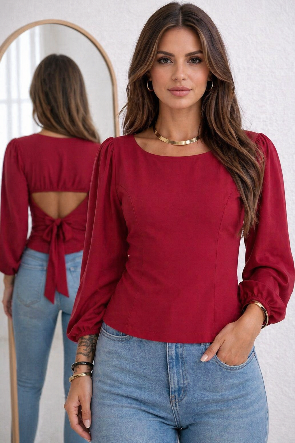 2935 Blusa manga longa Melani peplum com amarração alfaiataria