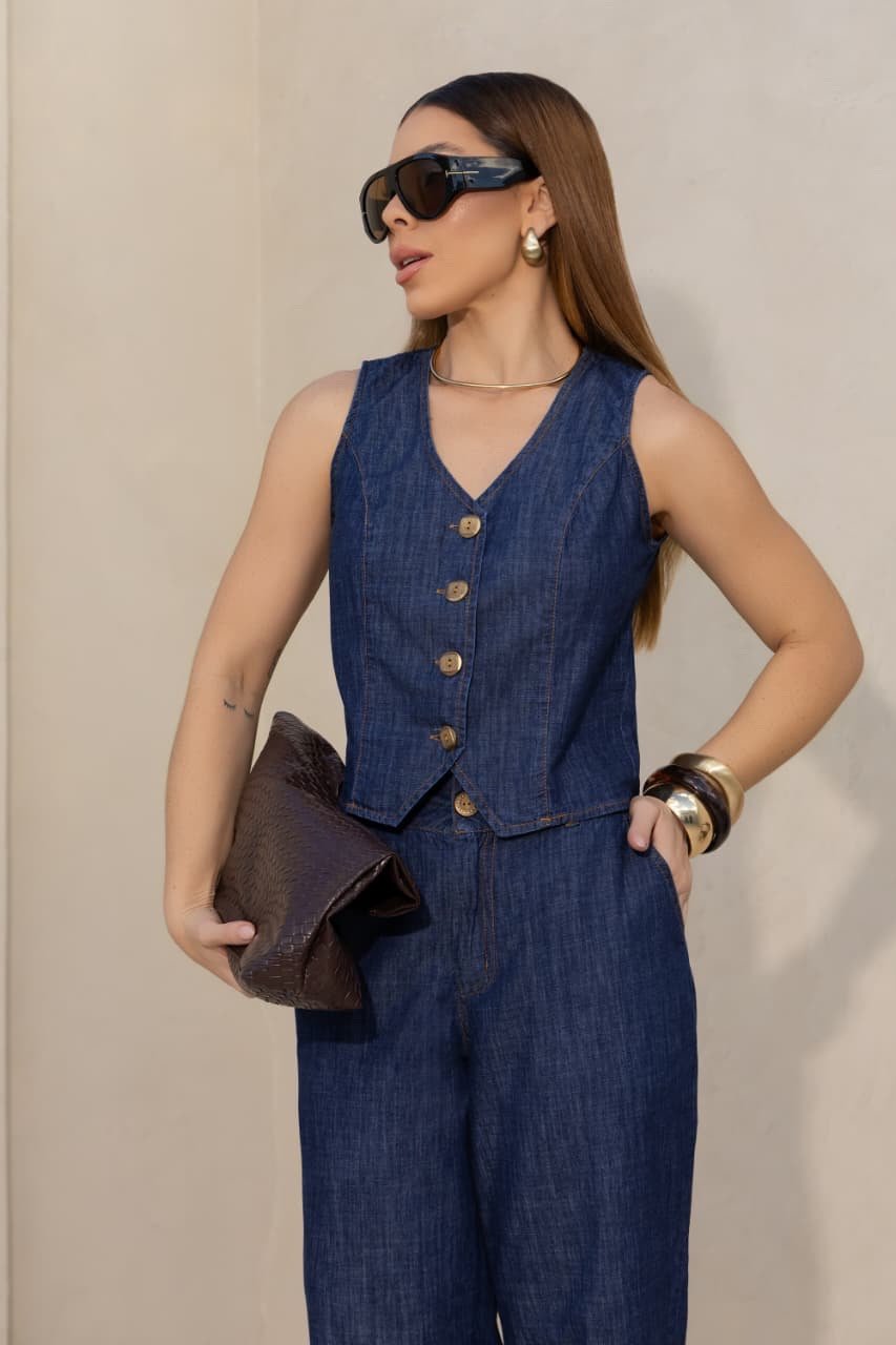 2221 Conjunto Kelly colete e Bermuda pantacourt jeans - Imagem 3