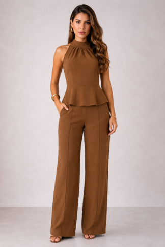 2286 Conjuto Diva blusa regata peplum gola alta e calça pantalona alfaiataria
