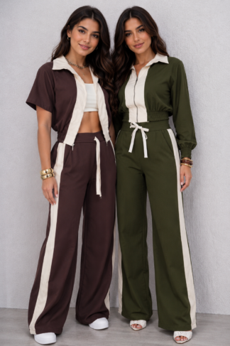 2245 Conjunto Bray euro look bicolor jaqueta cropped manga curta ou longa e calça wide leg pantalona alfaiataria