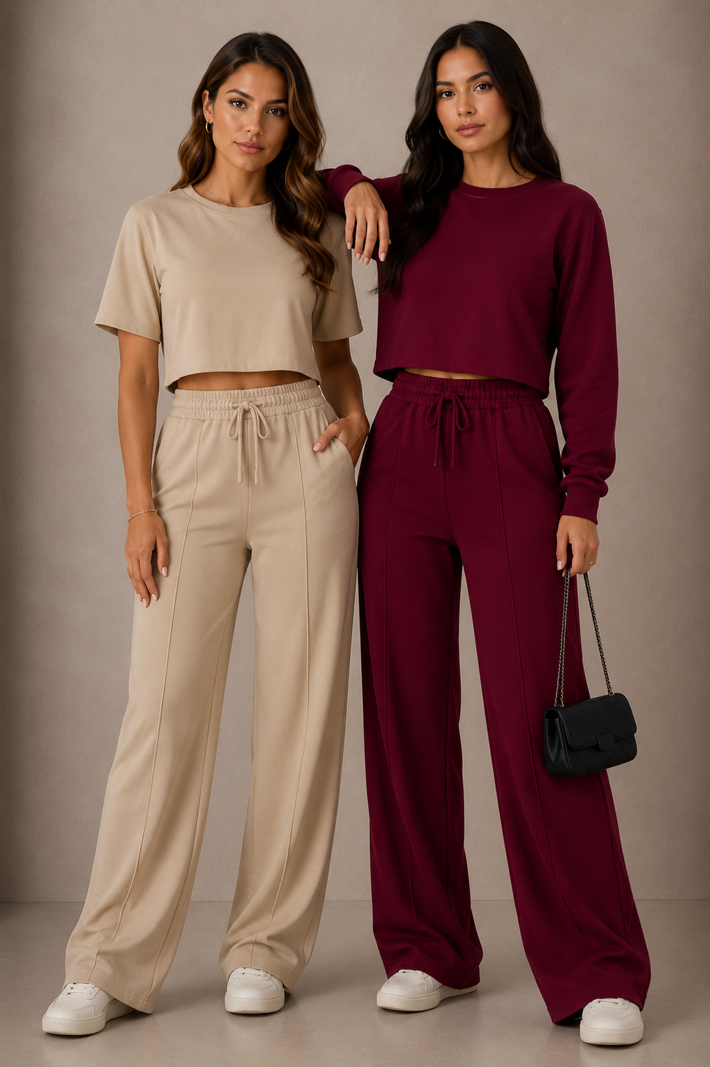 2110 Conjunto Chloe blusa cropped manga curta longa e calça pantalona