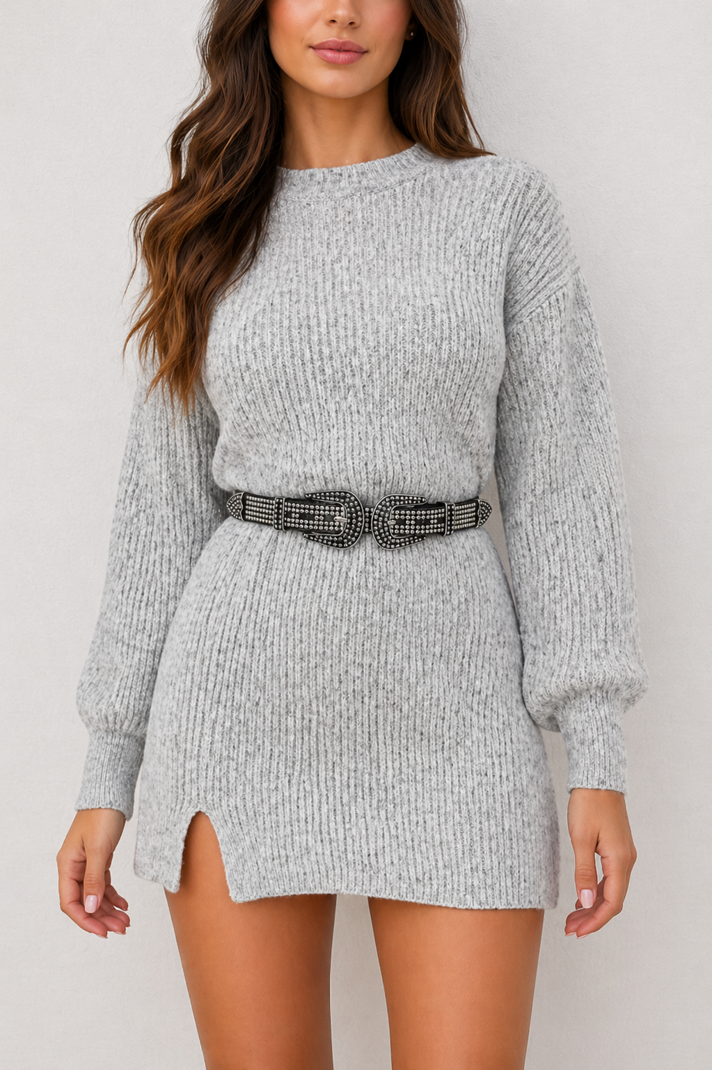 2516 Vestido Ale curto fenda manga longa tricô