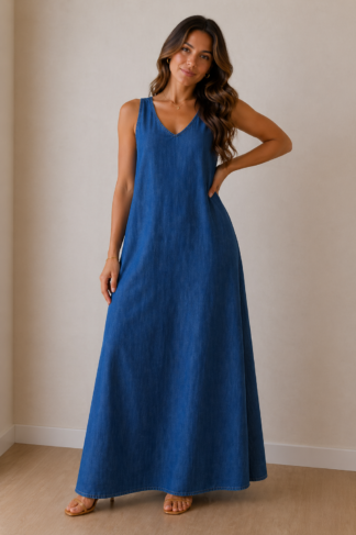 2221 Vestido Kelly longo regatão com bolso e fenda jeans