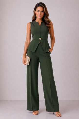 2286 Conjunto Diva blusa regata peplum fenda fivela concha e calça pantalona